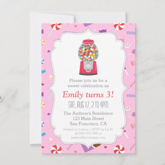 Gumball Machine Sweet Candy Birthday Party Invitation (Front)