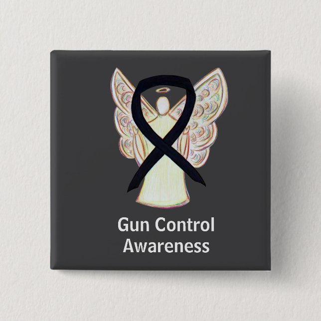 Gun Control Awareness Black Ribbon Angel Button (Front)