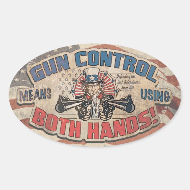 Gun Control Means Two Hands Retro Oval Sticker (Front)
