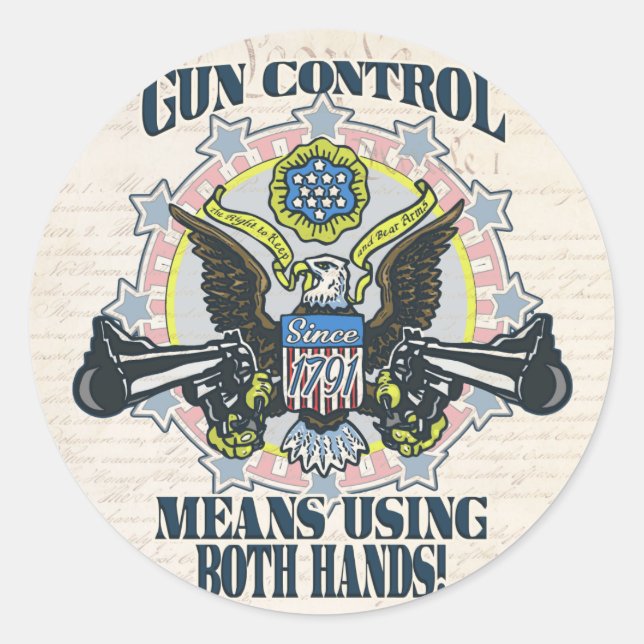 Gun Control: Using Both Hands Gun-Toting Eagle Classic Round Sticker (Front)