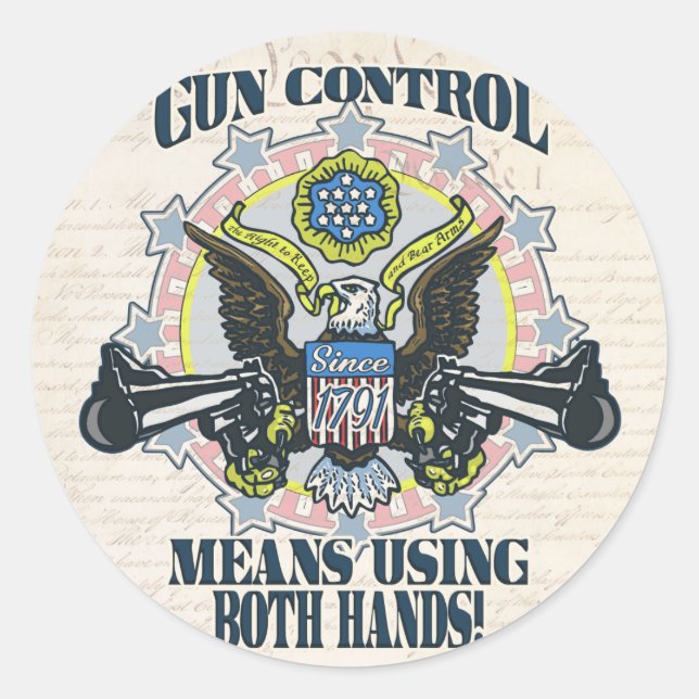 Gun Control: Using Both Hands Gun-Toting Eagle Classic Round Sticker (Front)