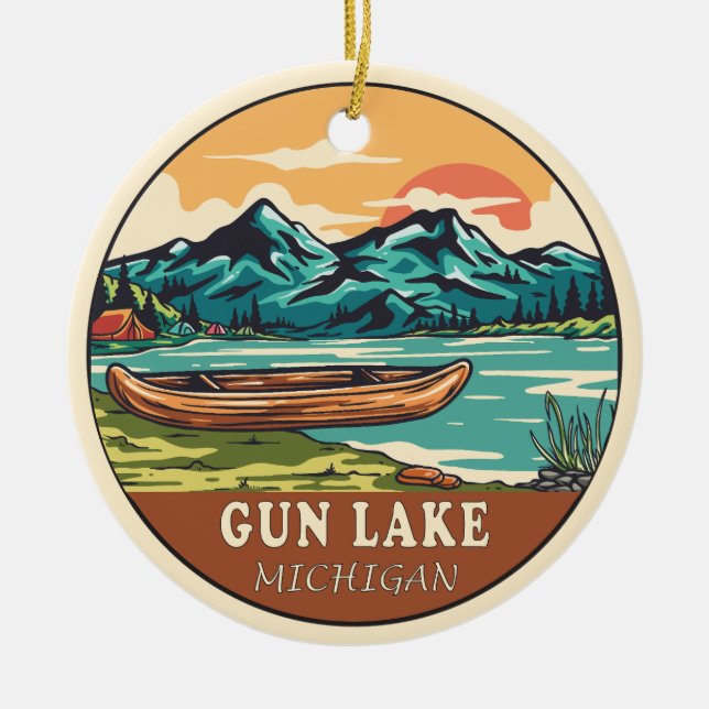 Gun Lake Michigan Boating Fishing Emblem Ceramic Tree Decoration (Front)
