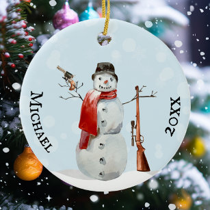 Gun Lover Shooting Shooter Snowman Ceramic Tree Decoration