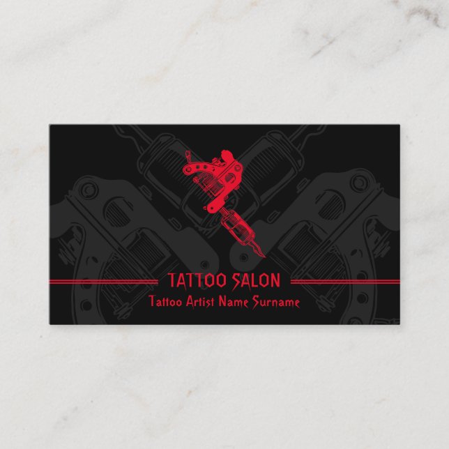 Gun Minimalist Modern Black Red Tattoo Business Card (Front)