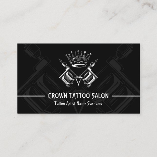 Gun Pen Crown Minimal Modern Black Tattoo Artist Business Card (Front)