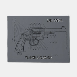 GUN PISTOL HANDGUN REVOLVER TRAINED AND READY DOORMAT
