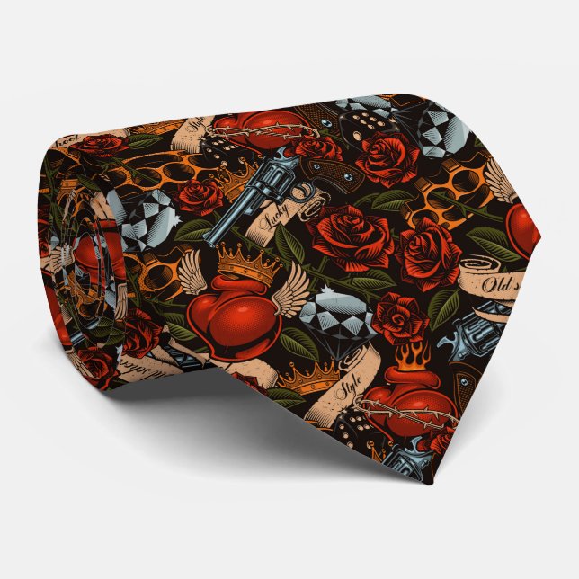 Gun Skull and Roses Graffiti pattern    Tie (Rolled)