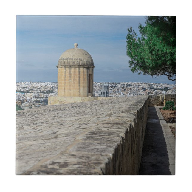 Gun turret on old city walls in Valletta, Malta Tile (Front)