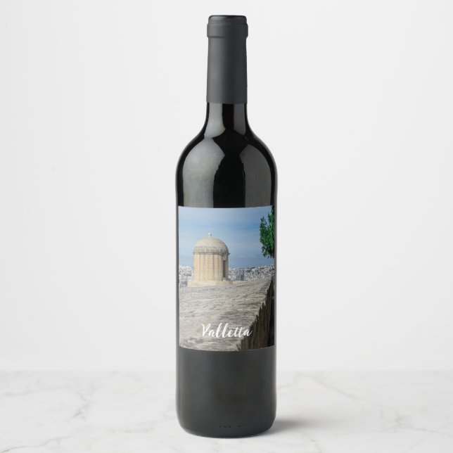 Gun turret on old city walls in Valletta, Malta Wine Label (Front)