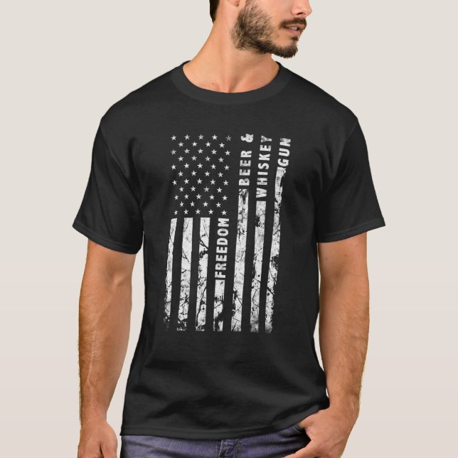 Gun Whiskey Beer and Freedom American Flag T-Shirt (Front)
