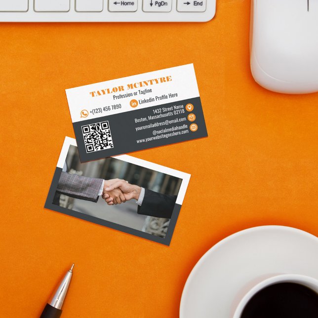 Gunmetal & Orange Professional Icons QR Code Business Card (Creator Uploaded)