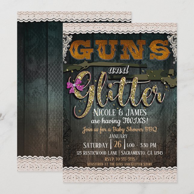 GUNS AND GLITTER Wood Lace Rustic Baby Shower Invitation (Front/Back)
