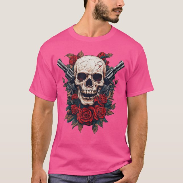 Guns And Skulls Music Rocks Skull Face With Roses T-Shirt (Front)