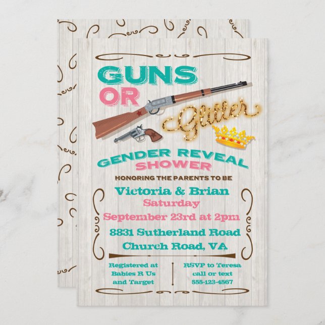 Guns or Glitter Gender Reveal Baby Shower Invitation (Front/Back)