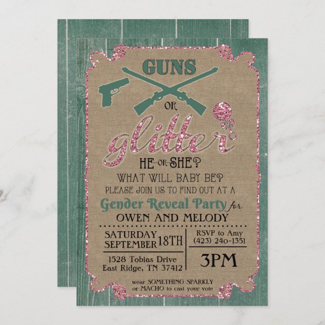 Guns or Glitter Gender Reveal Invitation (Front/Back)