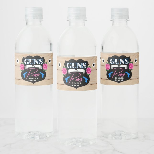 Guns or Roses Gender Reveal Baby Shower Pink/Blue Water Bottle Label (Bottles)