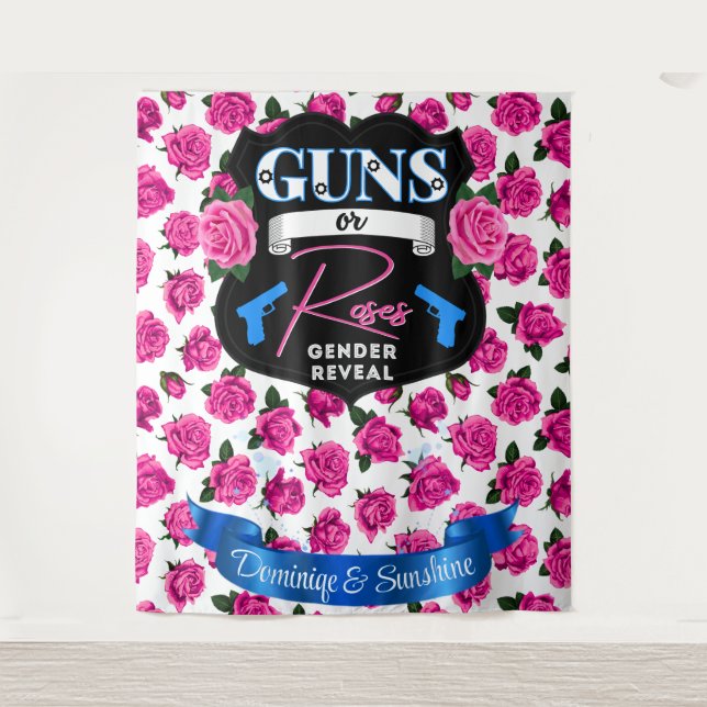 Guns or Roses Pink/Blue Gender Reveal Baby Shower Tapestry (Front)
