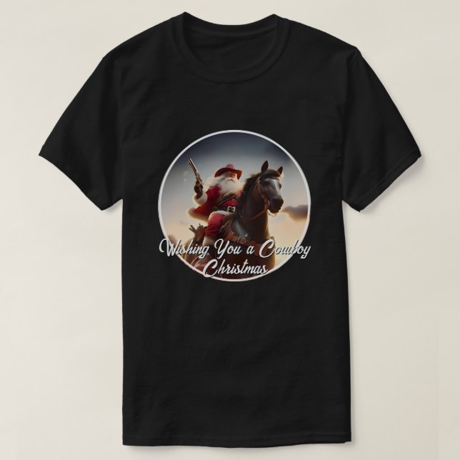 Gunslinger Santa Claus Riding Horse Christmas T-Shirt (Design Front)