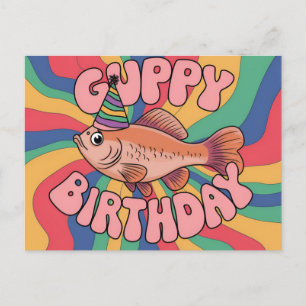 Guppy wearing birthday hat psychedelic colours postcard