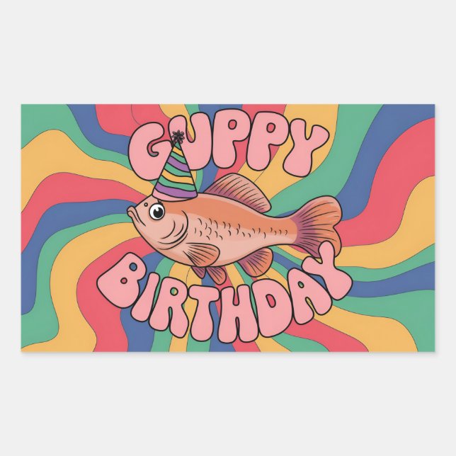 Guppy wearing birthday hat psychedelic colours rectangular sticker (Front)