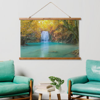 Gushing Waterfall Turquoise Water Golden Fall Day Hanging Tapestry