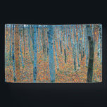Gustav Klimt Beech Tree Forest Grove Banner<br><div class="desc">This is based on classic nature painting artworks by Gustav Klimt, Beech Grove 1, 1902. The artwork portrays a dense forest of tall, slender birch trees, with pale trunks marked by dark, vertical lines. The foliage is depicted in shades of blue, green, and yellow, adding a sense of depth and...</div>
