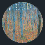 Gustav Klimt Beech Tree Forest Grove Classic Round Sticker<br><div class="desc">This is based on classic nature painting artworks by Gustav Klimt, Beech Grove 1, 1902. The artwork portrays a dense forest of tall, slender birch trees, with pale trunks marked by dark, vertical lines. The foliage is depicted in shades of blue, green, and yellow, adding a sense of depth and...</div>