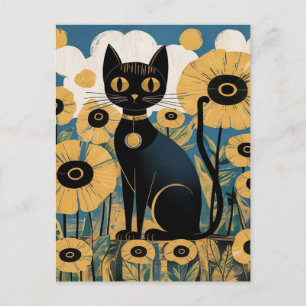 Gustav Klimt Black Cat In a Flower Garden, Cat Art Postcard