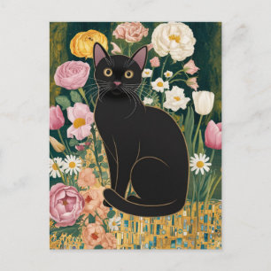 Gustav Klimt Black Cat In a Flower Garden, Cat Art Postcard