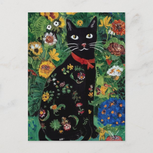 Gustav Klimt Black Cat In a Flower Garden, Cat Art Postcard (Front)