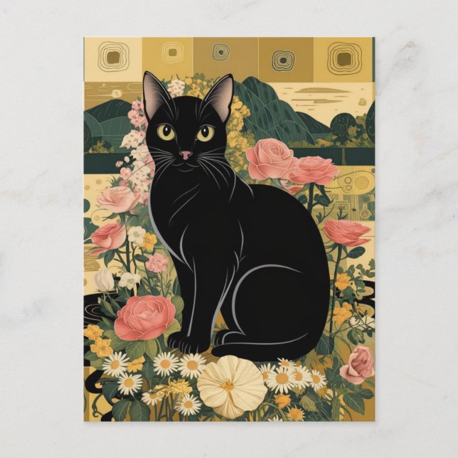 Gustav Klimt Black Cat In a Flower Garden, Cat Art Postcard (Front)