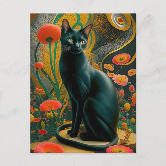 Gustav Klimt Black Cat In a Flower Garden, Cat art Postcard (Front)