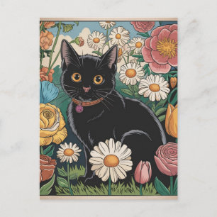 Gustav Klimt Black Cat In a Flower Garden, Cat Art Postcard