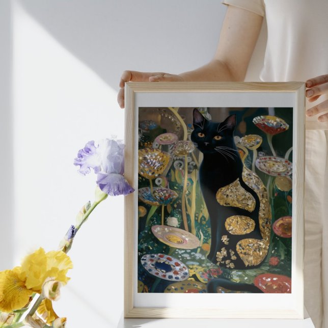Gustav Klimt Black Cat In a Flower Garden, Cat Art Poster (Creator Uploaded)