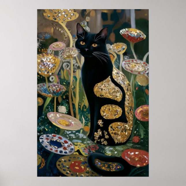 Gustav Klimt Black Cat In a Flower Garden, Cat Art Poster (Front)