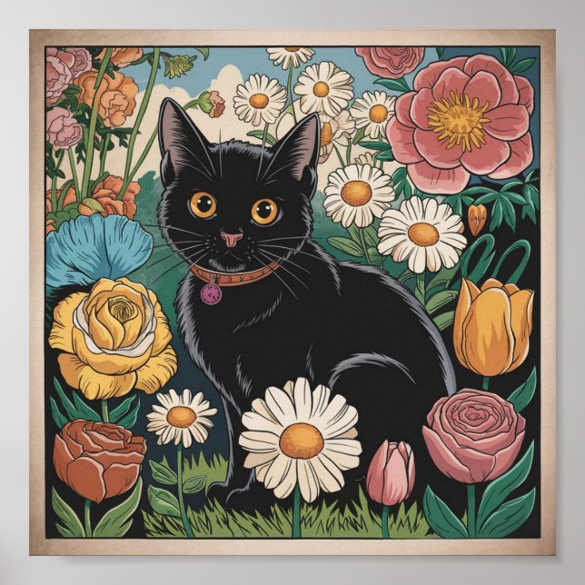 Gustav Klimt Black Cat In a Flower Garden, Cat Art Poster (Front)