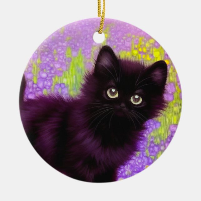 Gustav Klimt Black Kitten Ceramic Tree Decoration (Front)