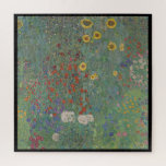 Gustav Klimt, Farm Garden with Sunflowers Jigsaw Puzzle<br><div class="desc">Puzzle with the Gustav Klimt art painting called "Farm Garden with Sunflowers" with a black border. "Farm Garden with Sunflowers" painting is a painting with yellow sunflowers,  red roses,  and white and blue flowers on a green background. Customisable.</div>