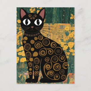 Gustav Klimt Floral Black Cat Altered Vintage Art Postcard