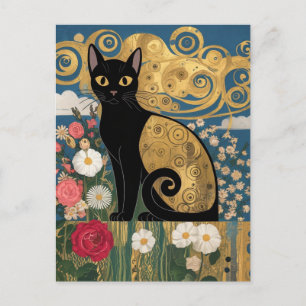 Gustav Klimt Floral Black Cat, Modern Eclectic Art Postcard