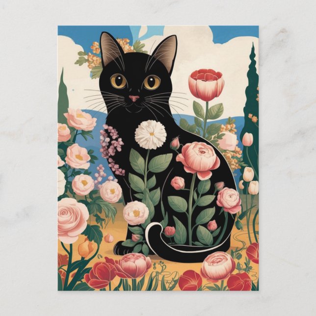 Gustav Klimt Floral Black Cat Modern Eclectic Art Postcard (Front)