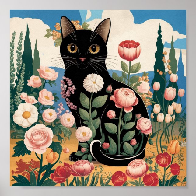 Gustav Klimt Floral Black Cat Modern Eclectic Art Poster (Front)