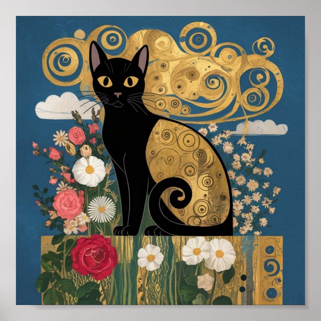 Gustav Klimt Floral Black Cat, Modern Eclectic Art Poster (Front)