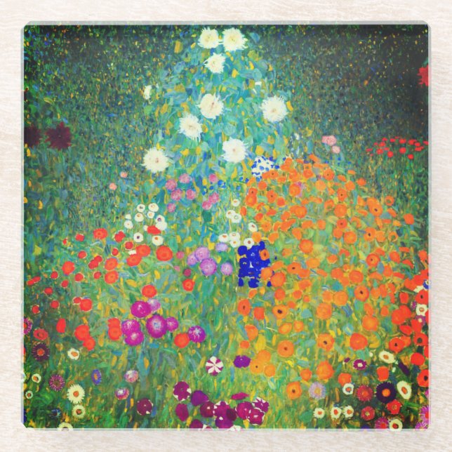 Gustav Klimt Flower Garden Glass Coaster (Front)