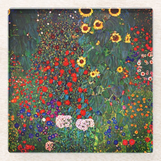 Gustav Klimt Flower Garden Glass Coaster (Front)