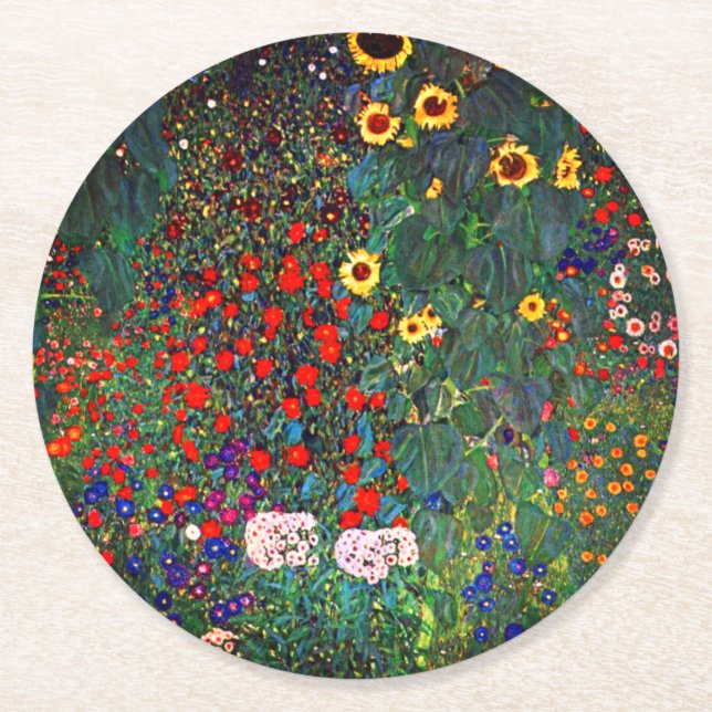 Gustav Klimt Flower Garden Round Paper Coaster (Front)