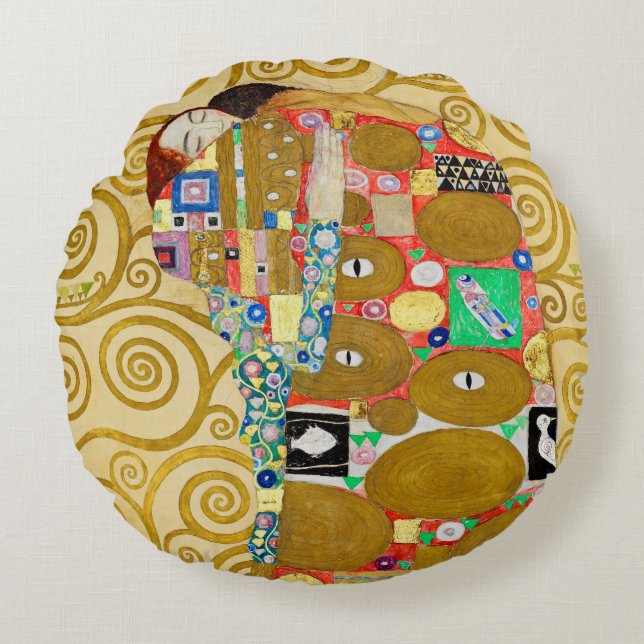 Gustav Klimt Fulfilment Nouveau Couple Round Cushion (Front)