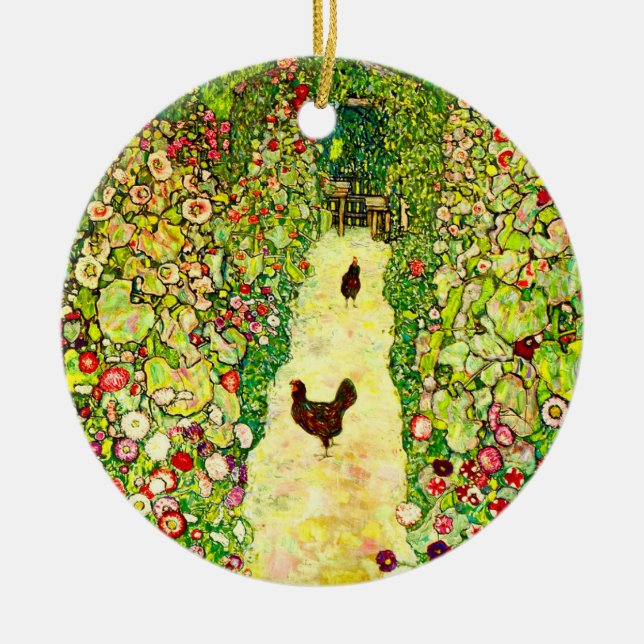 Gustav Klimt Garden with Chickens Ceramic Tree Decoration (Front)