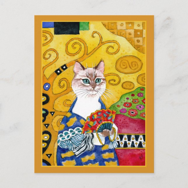 Gustav Klimt gold cute cat with fan spoof postcard (Front)