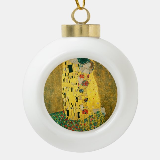 Gustav Klimt Golden Art The Kiss for Lovers Ceramic Ball Christmas Ornament (Front)
